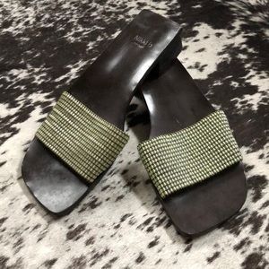 Nikki B NY Brn Leather Sandal w Green Beaded Strap